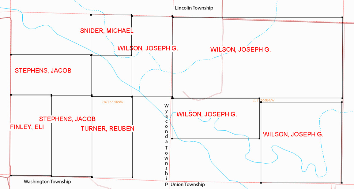 Plat Map of Joseph G Wilson Land Patent
! WYACONDA TOWNSHIP!! AbstractTyp PatentRef MO2170__.490 D# 10844Dat AUG. 03, 1838Rec AUG. 02, 1838Frm USATo WILSON, JOSEPH G.Re East half of Northeast quarter of S36 T065N R009W! Survey that creates a properly sized parcelloc -35875 -5668 F127 L0 P255Pt Ln E; 80p;Pt Ln S; 160p;Pt Ln W; 80p;Pt Ln N; 160p;End! LINCOLN TOWNSHIP S31-T65N-R008W!! AbstractTyp PatentRef MO2170__.488 D# 10841Dat AUG 02, 1838Rec AUG 02, 1838Frm USATo WILSON, JOSEPH G.Re North half of S31 T065N R008W! Survey that creates a properly sized parcelloc -35068 -5643 F127 L0 P255Pt Ln E; 335p;Pt Ln S; 160p;Pt Ln W; 335p;Pt Ln N; 160p;End! LINCOLN TOWNSHIP S31-T065N-R008W!! AbstractTyp PatentRef MO2210__.351 D# 12789Dat SEPT 01, 1838Rec DEPT. 01, 1838Frm USATo WILSON, JOSEPH G.Re Southeast quarter of S31 T065N R008W! Survey that creates a properly sized parcelloc -33343 -3981 F127 L0 P255Pt Ln E; 160p;Pt Ln S; 160p;Pt Ln W; 160p;Pt Ln N; 160p;End! LINCOLN TOWNSHIP S31-T065N-R008W!! AbstractTyp PatentRef MO2420__.058 D# 10843Dat APRIL 01, 1848Rec APRIL 01, 1848Frm USATo WILSON, JOSEPH G.Re North half of Southwest quarter of S31 T065N R008W! Survey that creates a properly sized parcelloc -35087 -4056 F127 L0 P255Pt Ln E; 173p;Pt Ln S; 80p;Pt Ln W; 173p;Pt Ln N; 80p;End